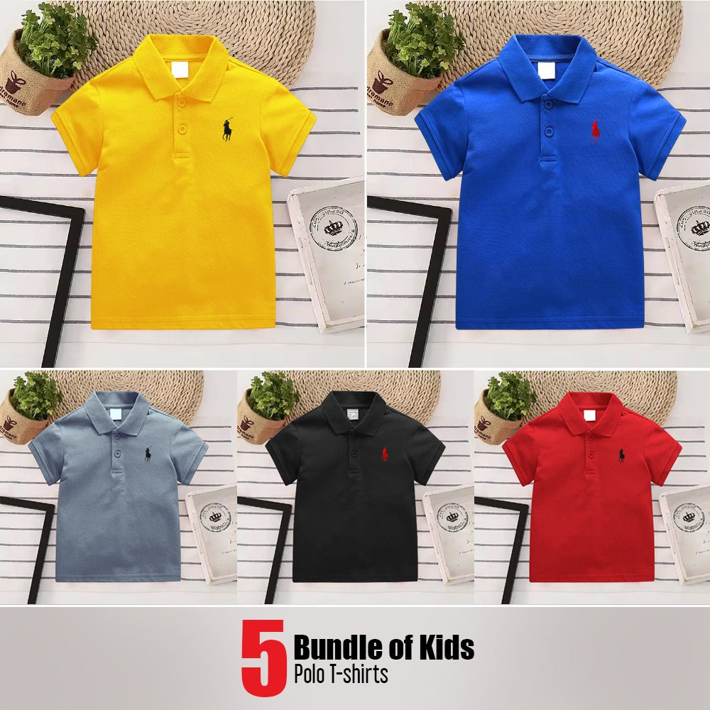 Pack of 5 Polo T-Shirts for Toddlers (Ages 1-4) - Yellow, Royal Blue, Gray, Black, Red