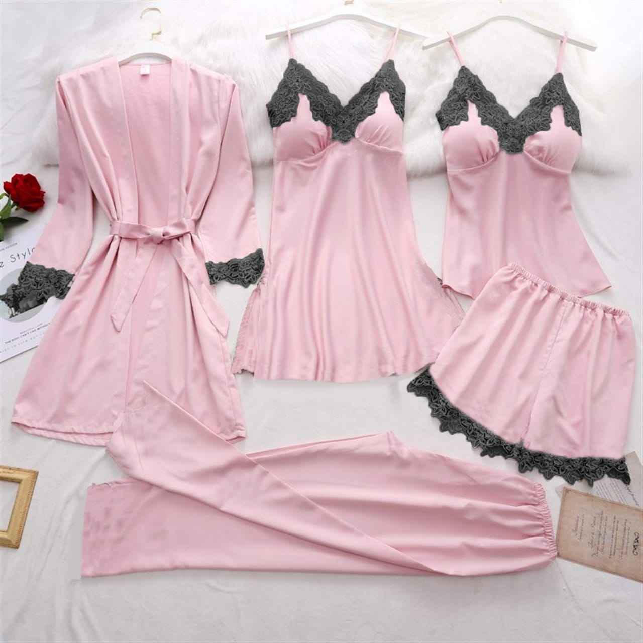 4-Piece Satin Lingerie Set with Lace Trim