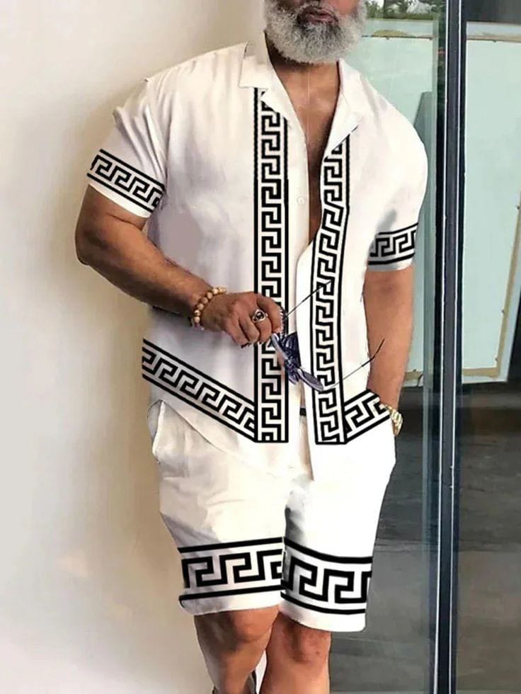 Men’s Greek Key Pattern Short-Sleeve Shirt & Shorts Set